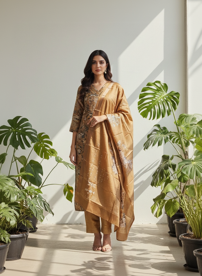 Women’s Premium Imported Silk Straight 3-Piece Suit in Antique Gold & Crimson Red – Floral Digital Print