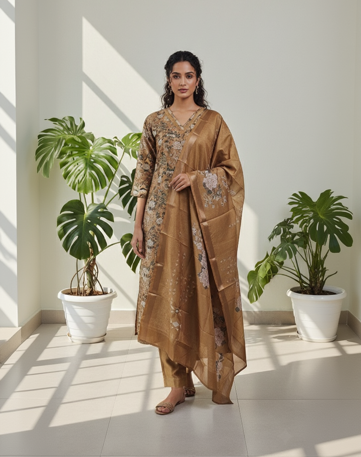 Women’s Premium Imported Silk Straight 3-Piece Suit in Antique Gold & Crimson Red – Floral Digital Print