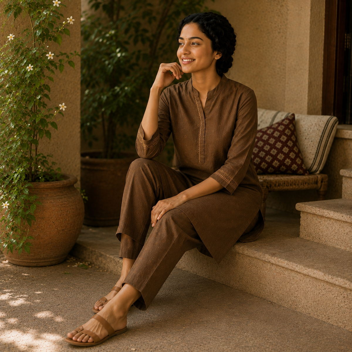 Anvita Chocolate Brown Cotton Kurta & Pant Set