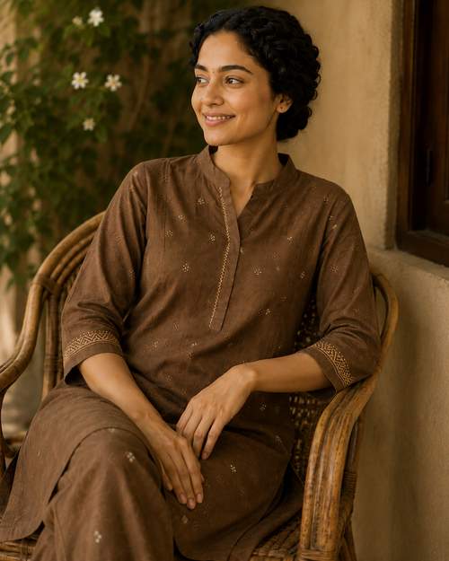 Anvita Chocolate Brown Cotton Kurta & Pant Set