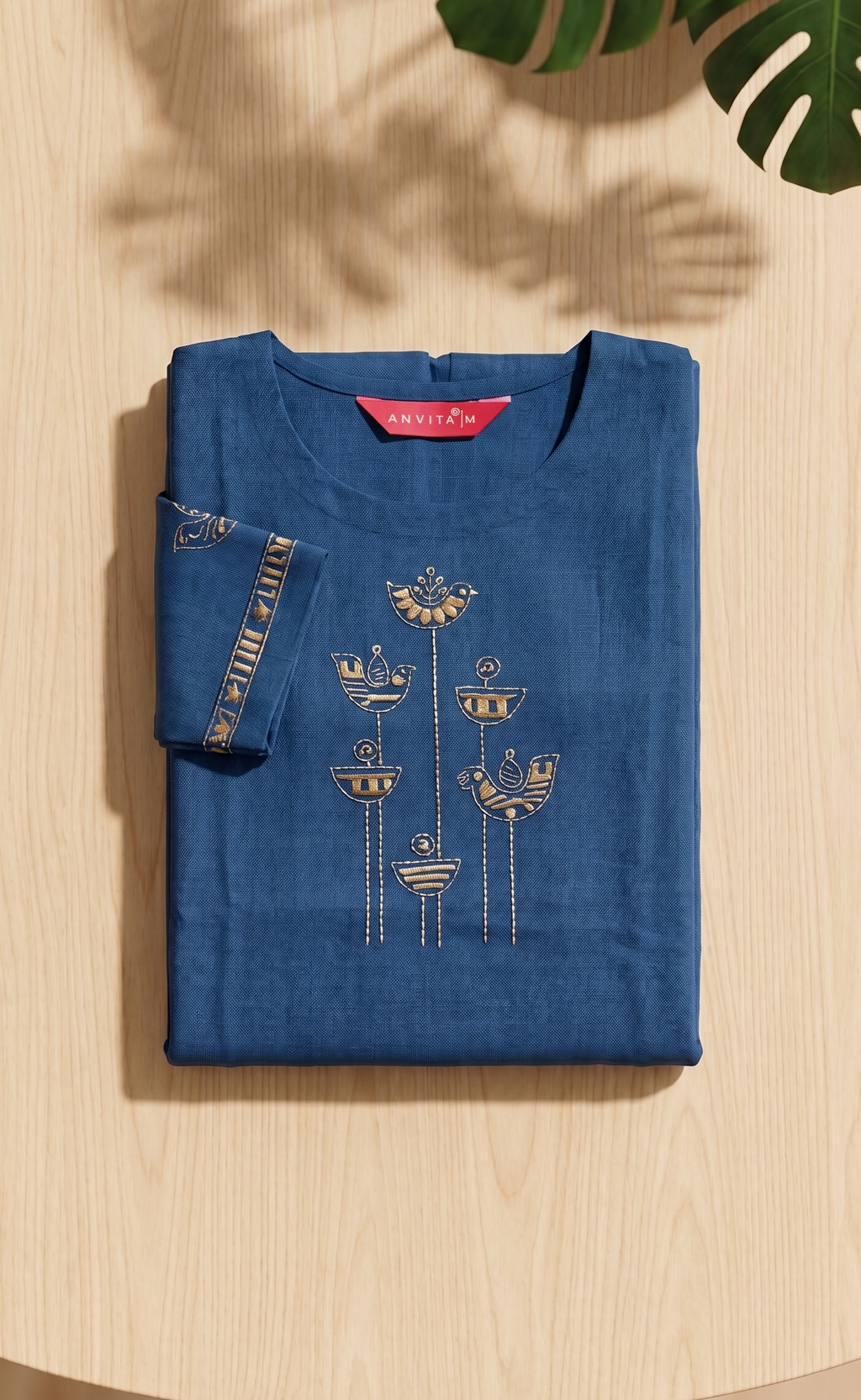 Anvita Deep Teal Blue Slub Cotton Kurta – Golden Abstract Embroidery – Chic Daily Wear