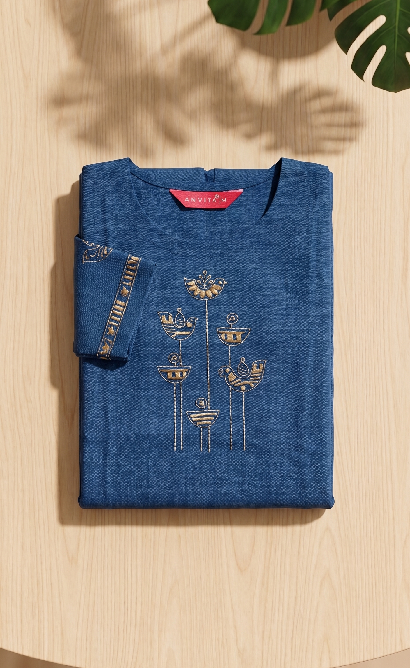 Anvita Deep Teal Blue Slub Cotton Kurta – Golden Abstract Embroidery – Chic Daily Wear