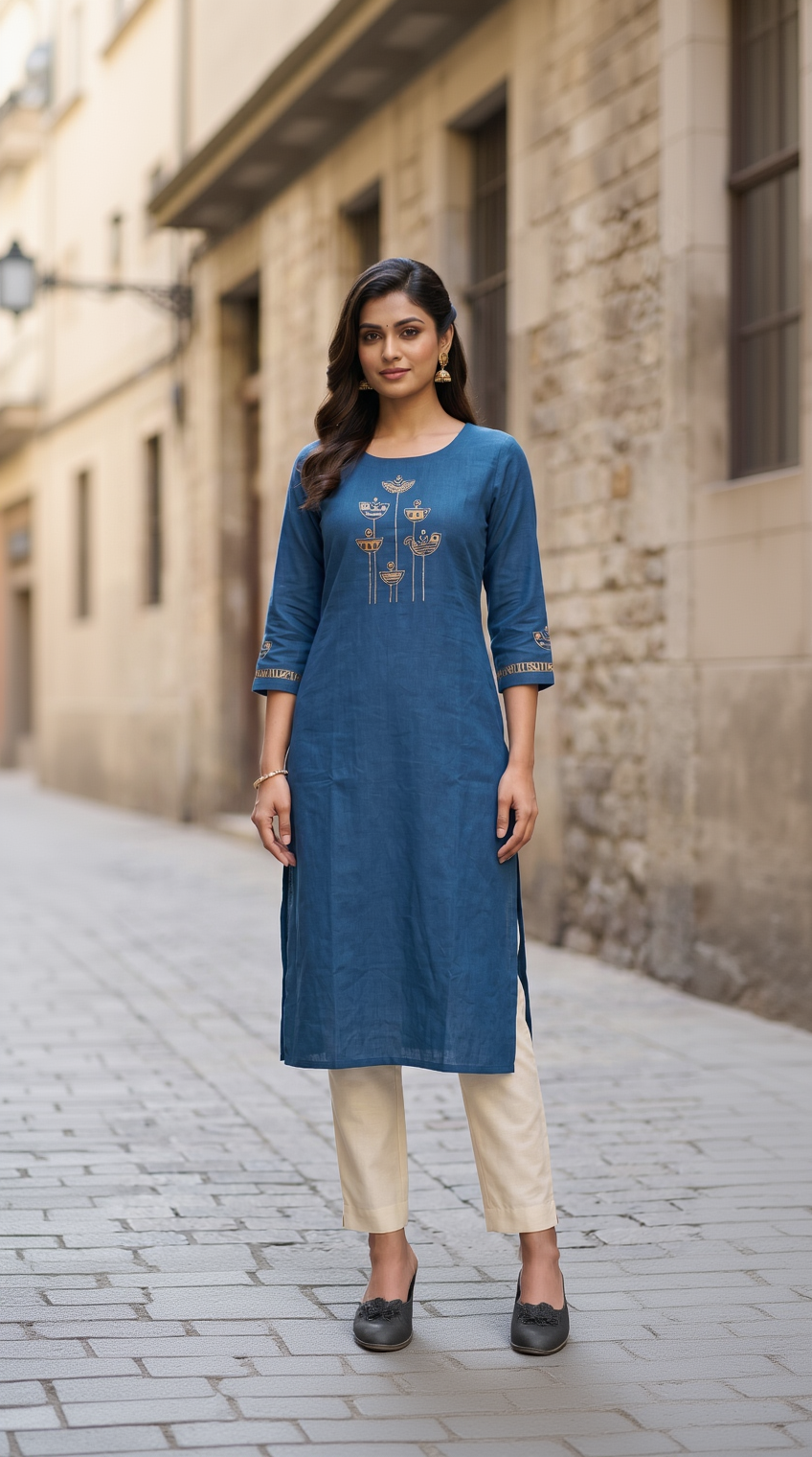 Anvita Deep Teal Blue Slub Cotton Kurta – Golden Abstract Embroidery – Chic Daily Wear