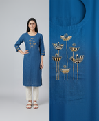 Anvita Deep Teal Blue Slub Cotton Kurta – Golden Abstract Embroidery – Chic Daily Wear