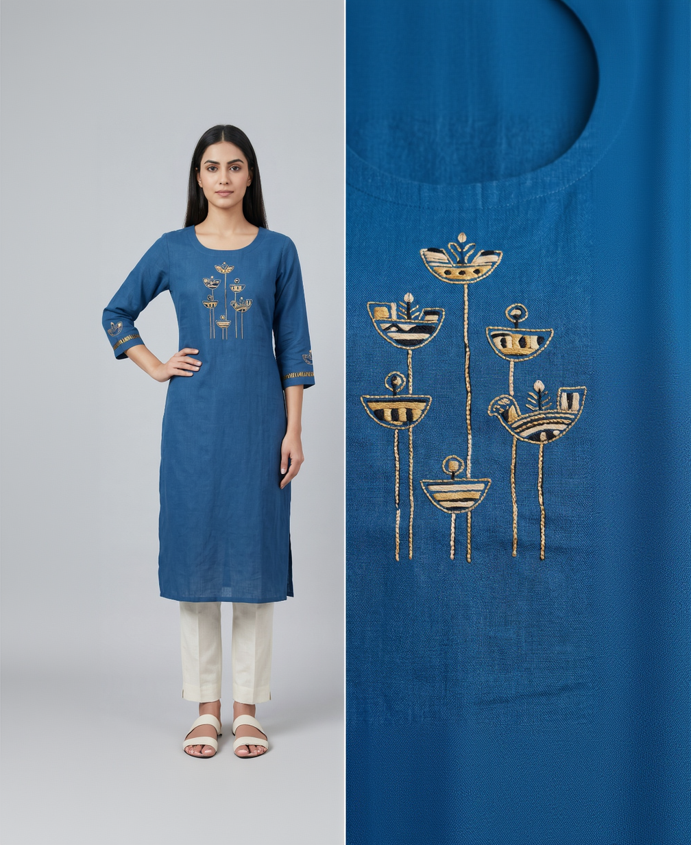 Anvita Deep Teal Blue Slub Cotton Kurta – Golden Abstract Embroidery – Chic Daily Wear