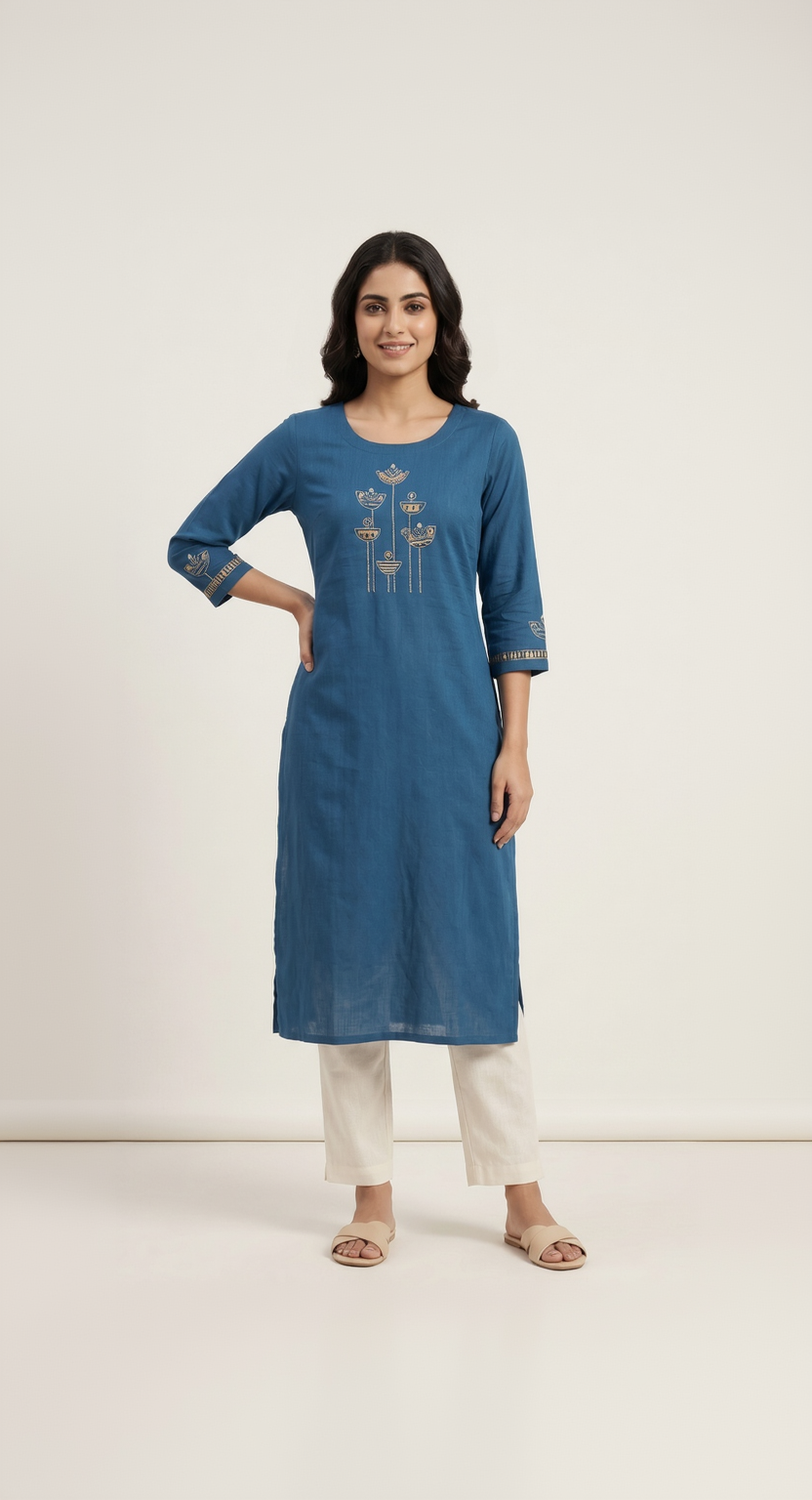 Anvita Deep Teal Blue Slub Cotton Kurta – Golden Abstract Embroidery – Chic Daily Wear