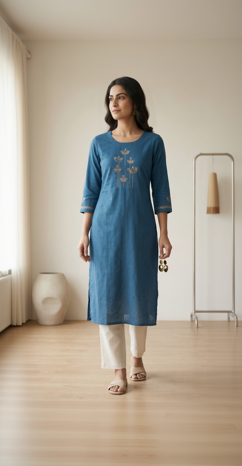 Anvita Deep Teal Blue Slub Cotton Kurta – Golden Abstract Embroidery – Chic Daily Wear