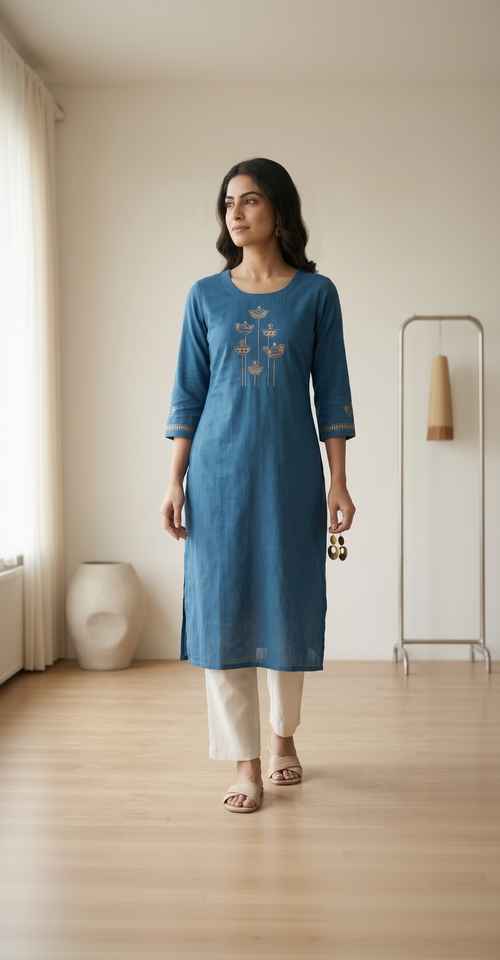 Anvita Deep Teal Blue Slub Cotton Kurta – Golden Abstract Embroidery – Chic Daily Wear