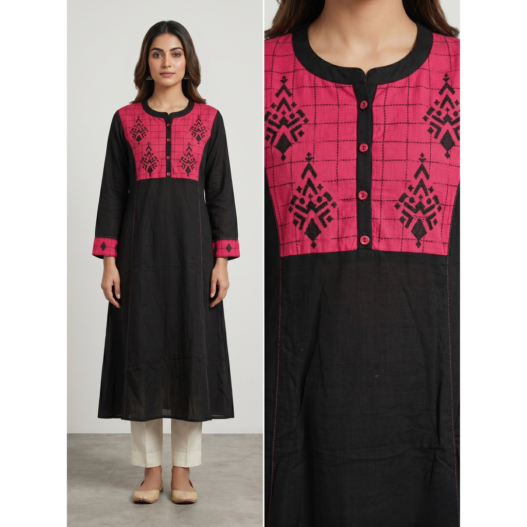 Anvita Jet Black Cotton Straight Kurta – Contrast Pink Yoke & Geometric Digital Print