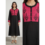 Anvita Jet Black Cotton Straight Kurta – Contrast Pink Yoke & Geometric Digital Print