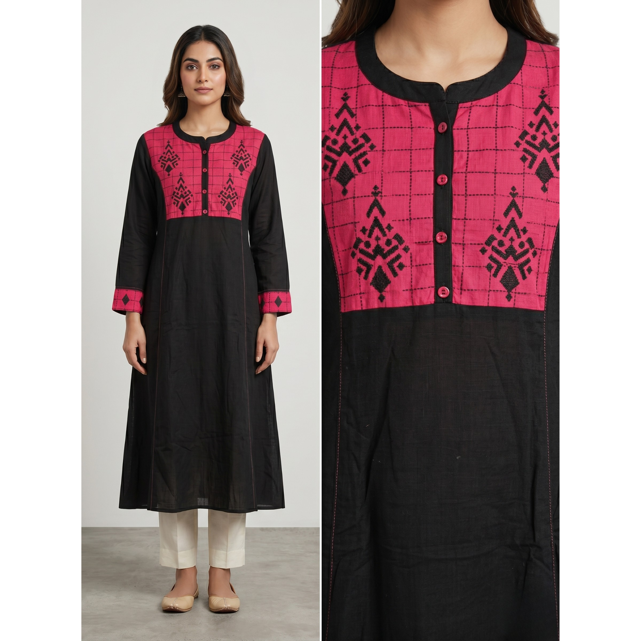 Anvita Jet Black Cotton Straight Kurta – Contrast Pink Yoke & Geometric Digital Print
