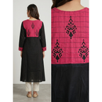 Anvita Jet Black Cotton Straight Kurta – Contrast Pink Yoke & Geometric Digital Print