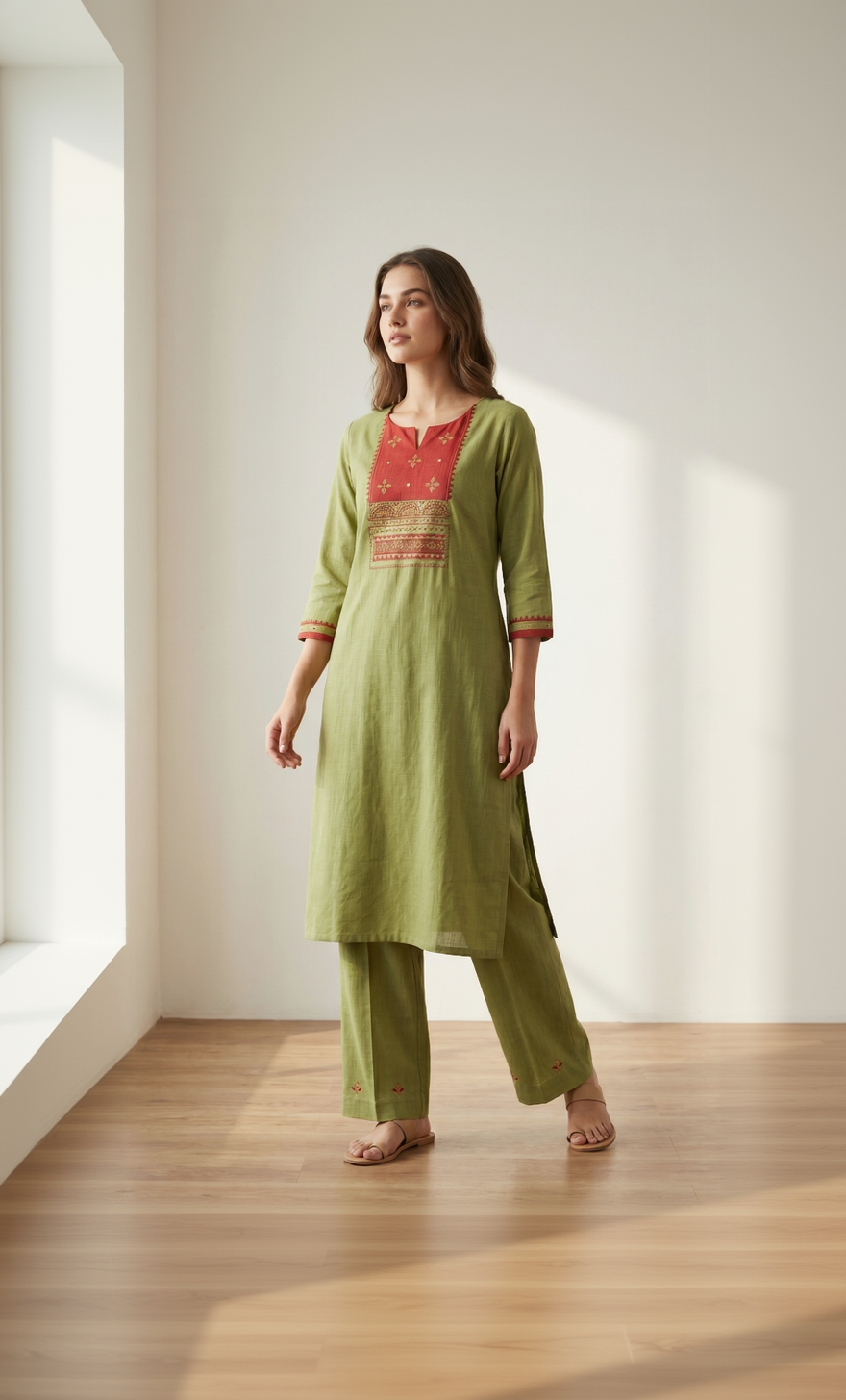 Anvita Pistachio Green Slub Cotton Kurta – Maroon Geometric Yoke – Elegant Daily Wear