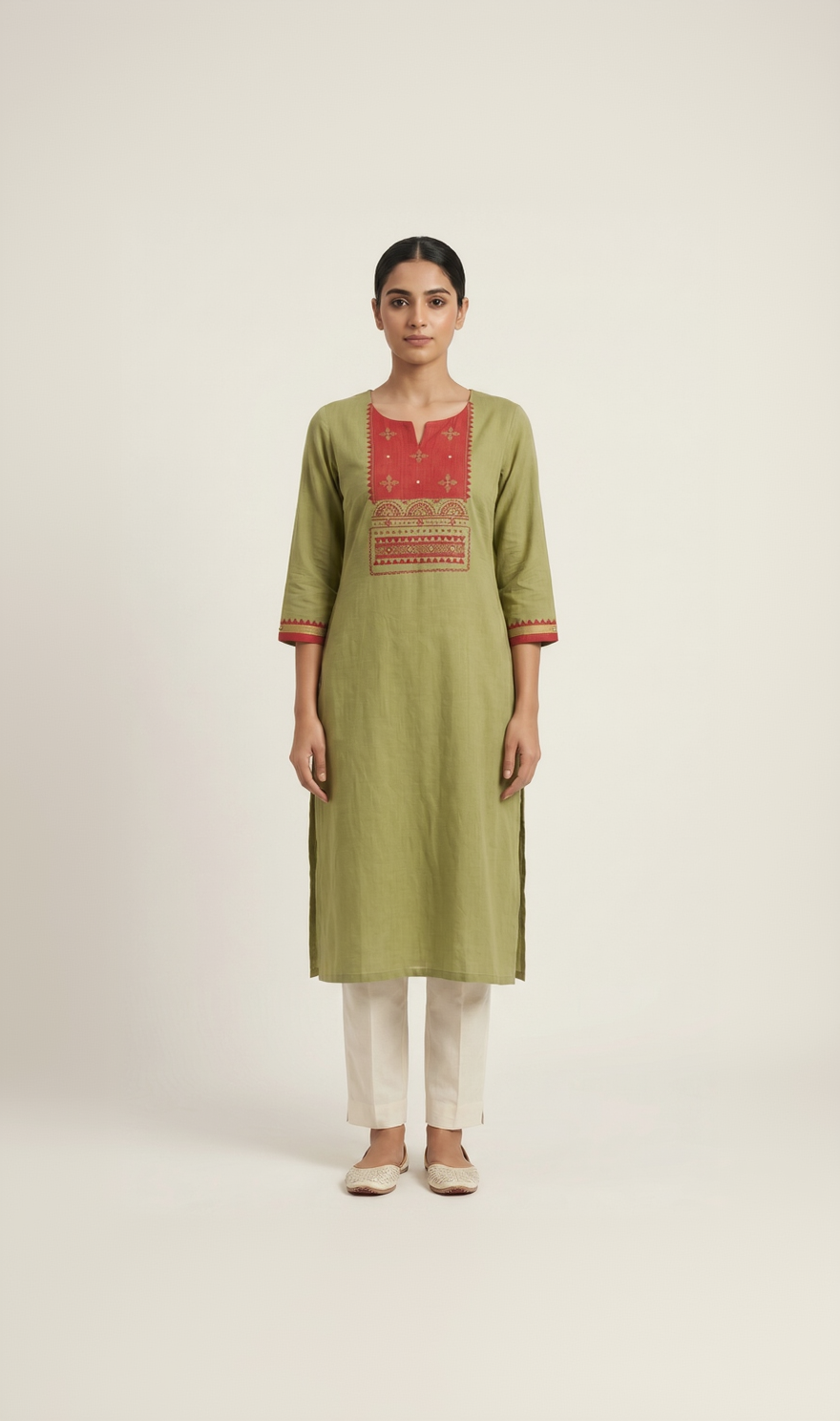 Anvita Pistachio Green Slub Cotton Kurta – Maroon Geometric Yoke – Elegant Daily Wear