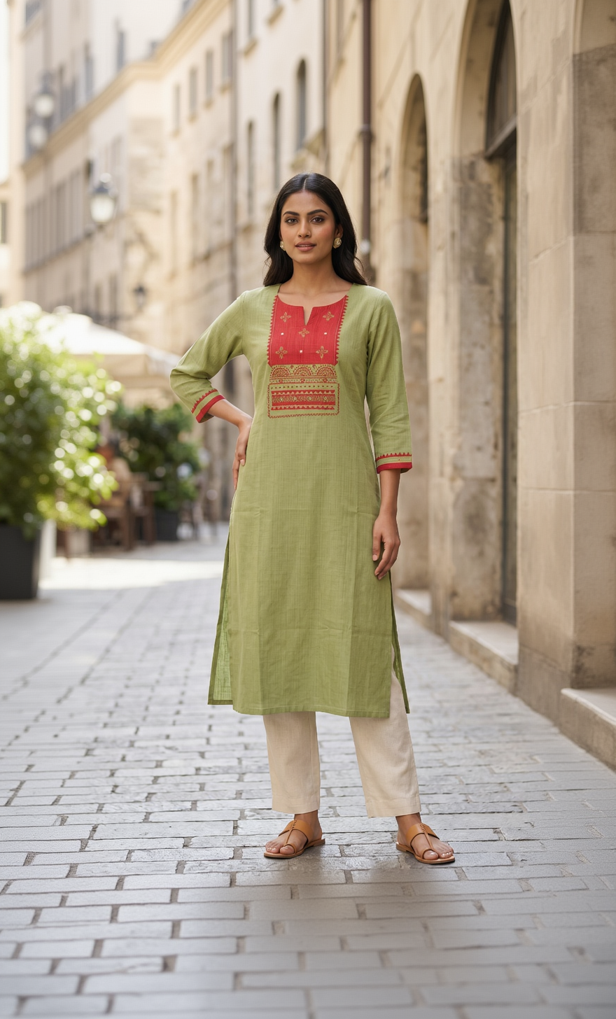 Anvita Pistachio Green Slub Cotton Kurta – Maroon Geometric Yoke – Elegant Daily Wear