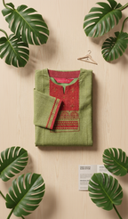 Anvita Pistachio Green Slub Cotton Kurta – Maroon Geometric Yoke – Elegant Daily Wear