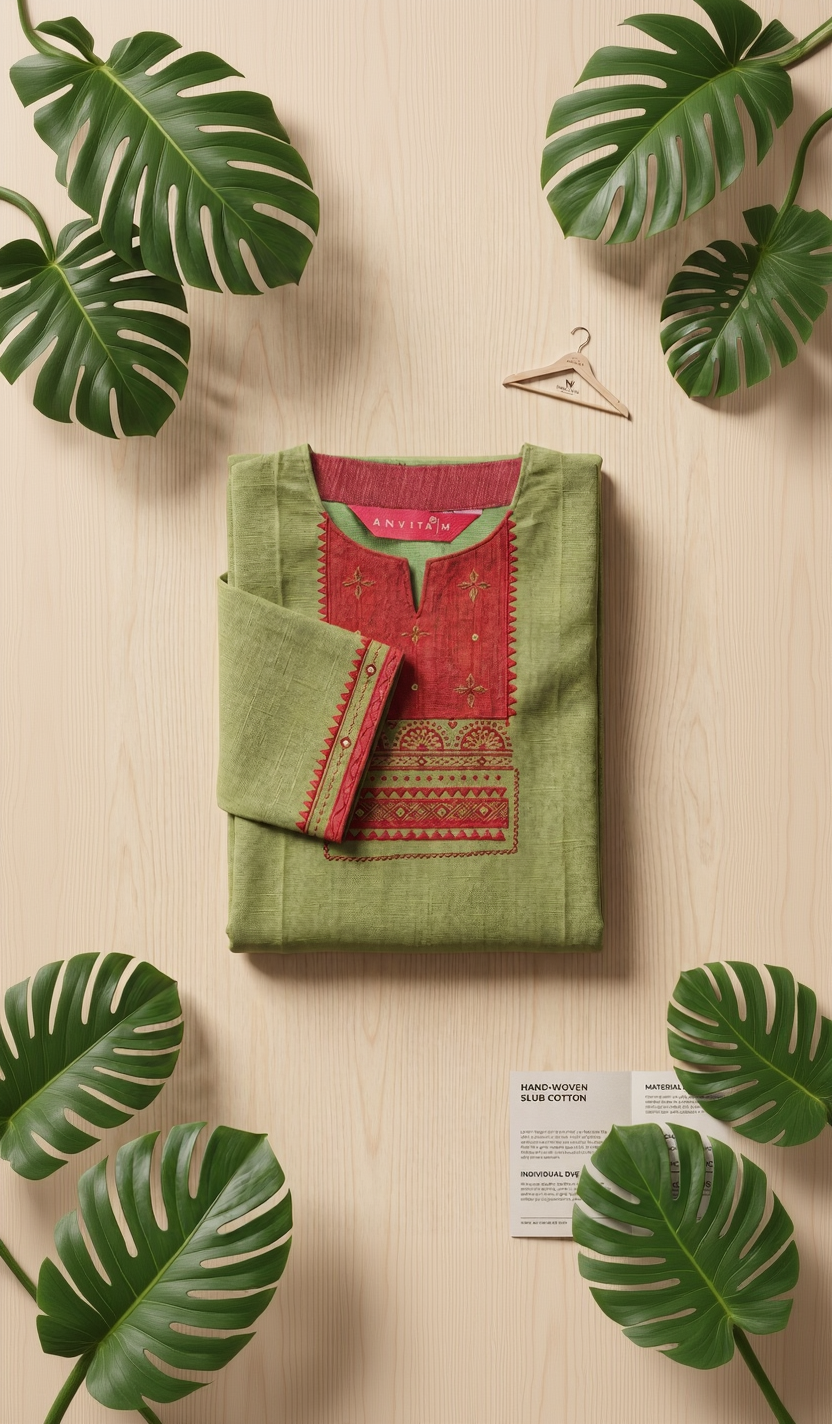 Anvita Pistachio Green Slub Cotton Kurta – Maroon Geometric Yoke – Elegant Daily Wear