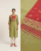 Anvita Pistachio Green Slub Cotton Kurta – Maroon Geometric Yoke – Elegant Daily Wear