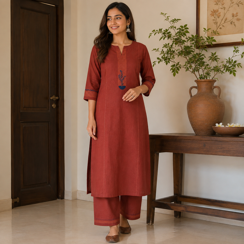 Anvita – Rust Red Cotton Kurta & Palazzo Set
