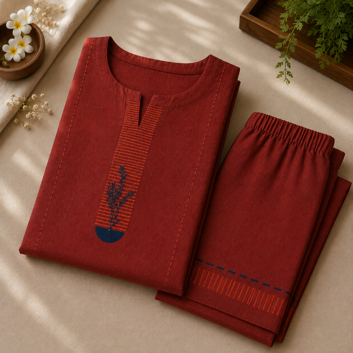 Anvita – Rust Red Cotton Kurta & Palazzo Set