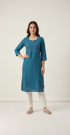 Anvita Teal Blue Cotton Slub Kurta – Pintuck Yoke & Subtle Embroidery – Chic Daily Wear
