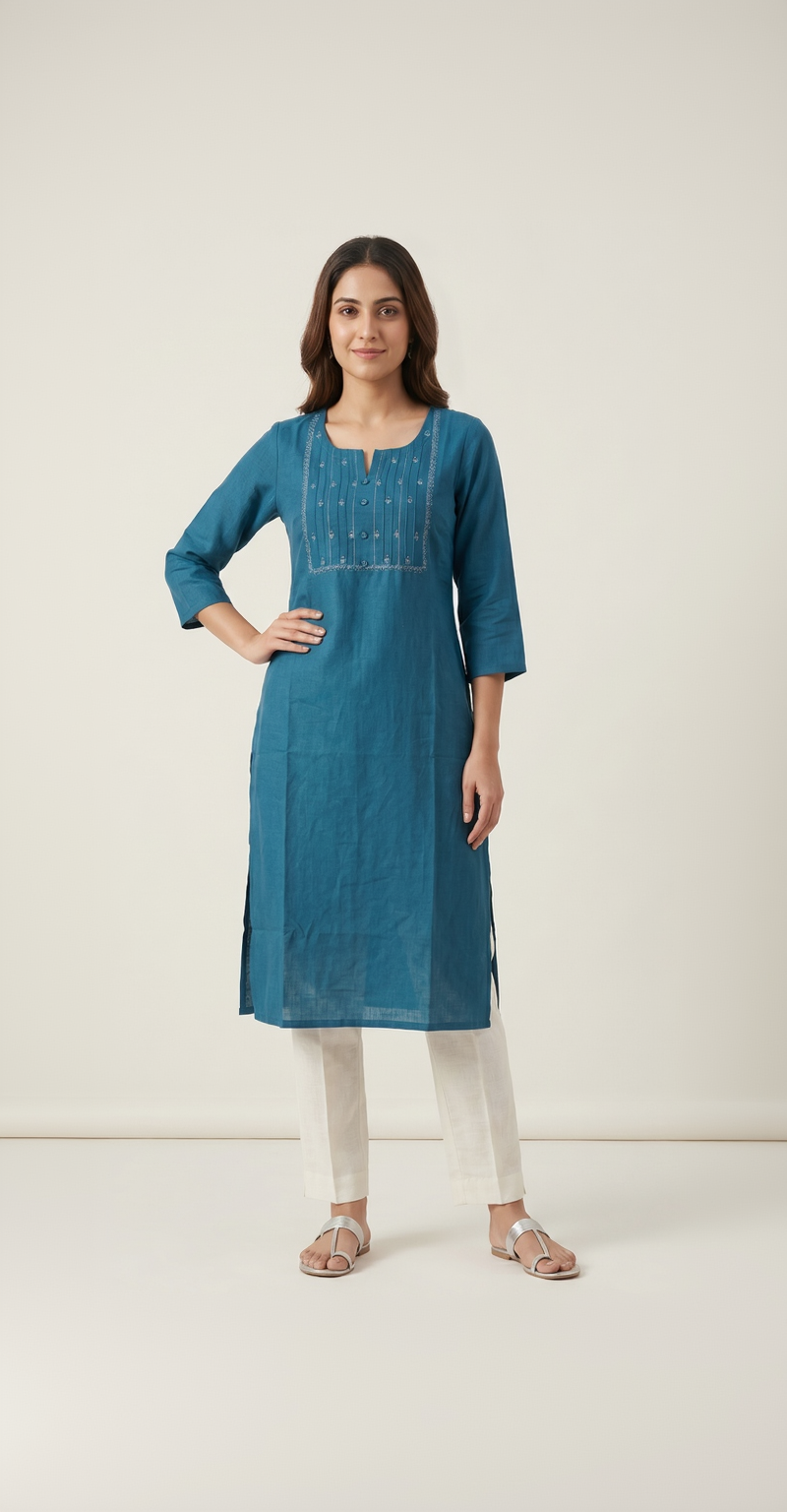 Anvita Teal Blue Cotton Slub Kurta – Pintuck Yoke & Subtle Embroidery – Chic Daily Wear