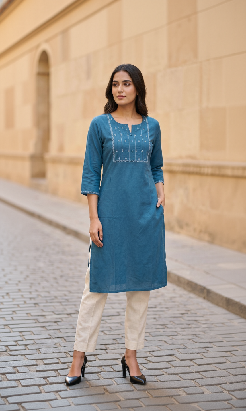 Anvita Teal Blue Cotton Slub Kurta – Pintuck Yoke & Subtle Embroidery – Chic Daily Wear