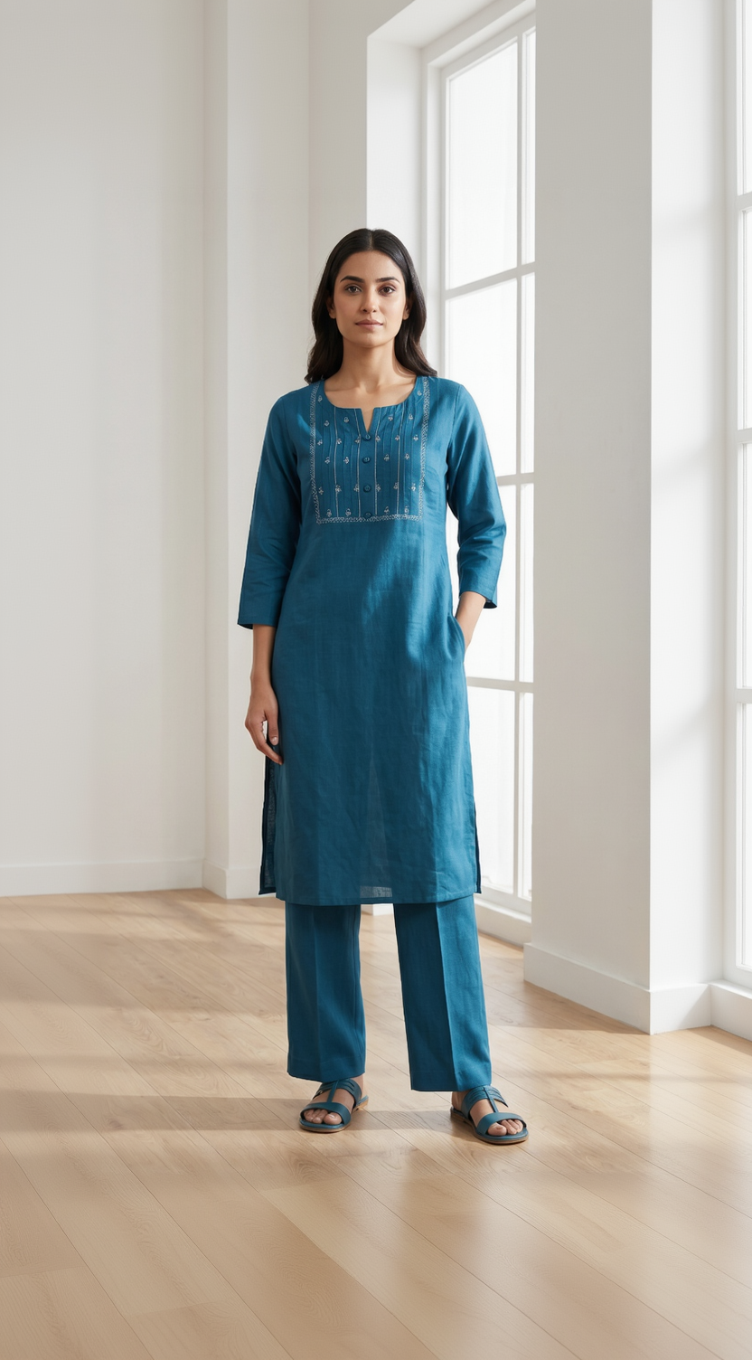 Anvita Teal Blue Cotton Slub Kurta – Pintuck Yoke & Subtle Embroidery – Chic Daily Wear