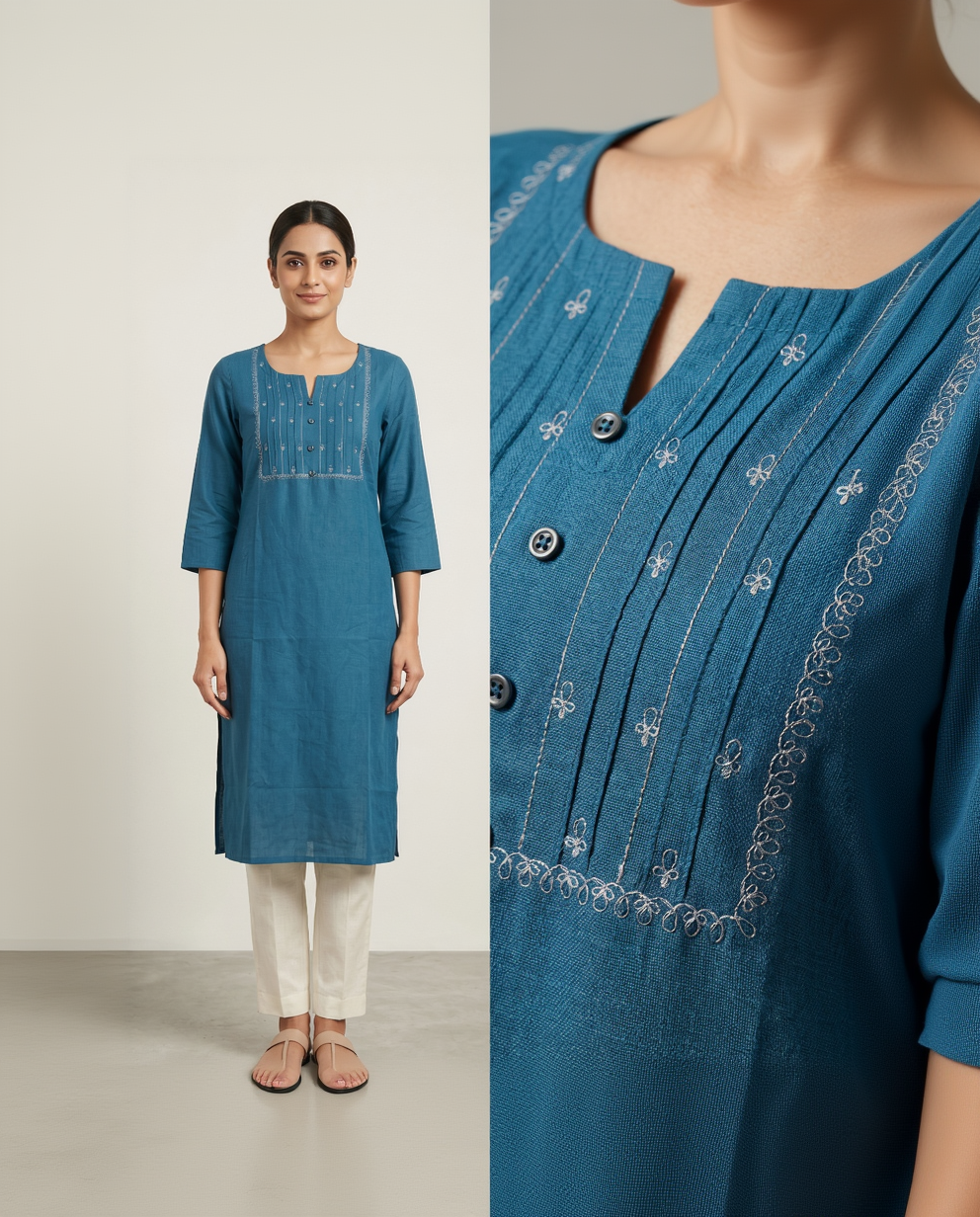 Anvita Teal Blue Cotton Slub Kurta – Pintuck Yoke & Subtle Embroidery – Chic Daily Wear