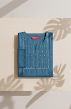 Anvita Teal Blue Cotton Slub Kurta – Pintuck Yoke & Subtle Embroidery – Chic Daily Wear