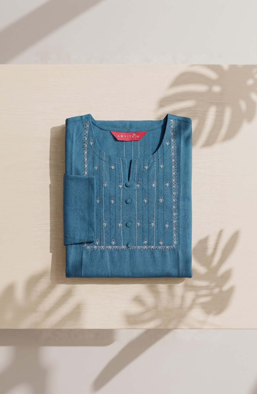 Anvita Teal Blue Cotton Slub Kurta – Pintuck Yoke & Subtle Embroidery – Chic Daily Wear