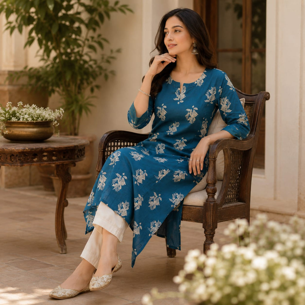 Anvita Teal Printed Cotton Kurta – Floral Motif Design – Elegant Everyday Ethnic Wear