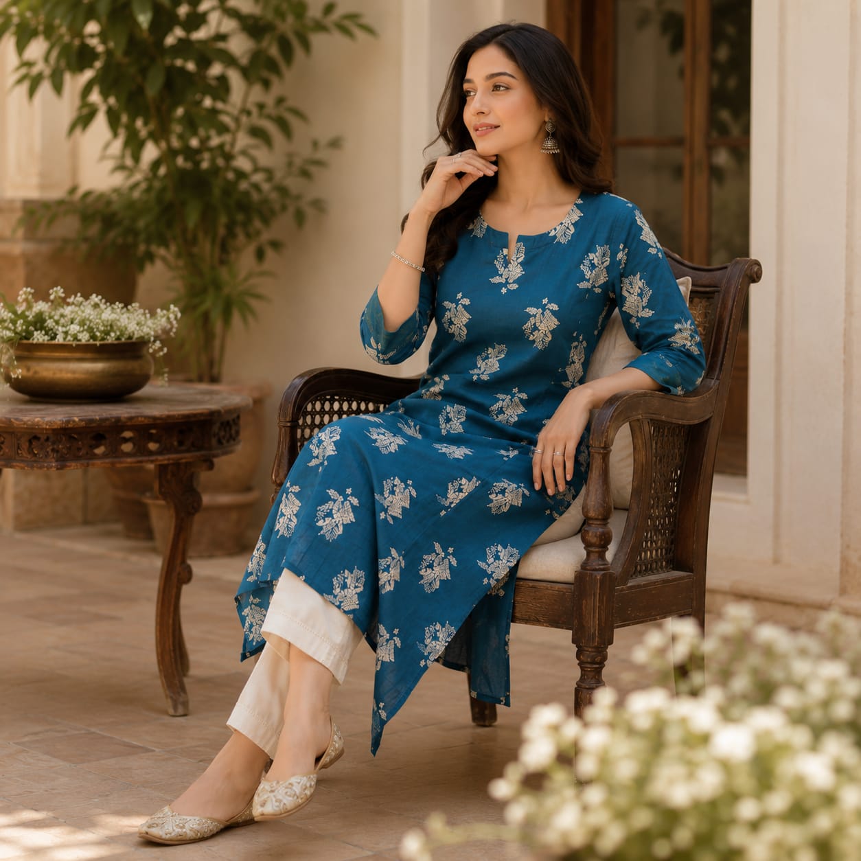 Anvita Teal Printed Cotton Kurta – Floral Motif Design – Elegant Everyday Ethnic Wear