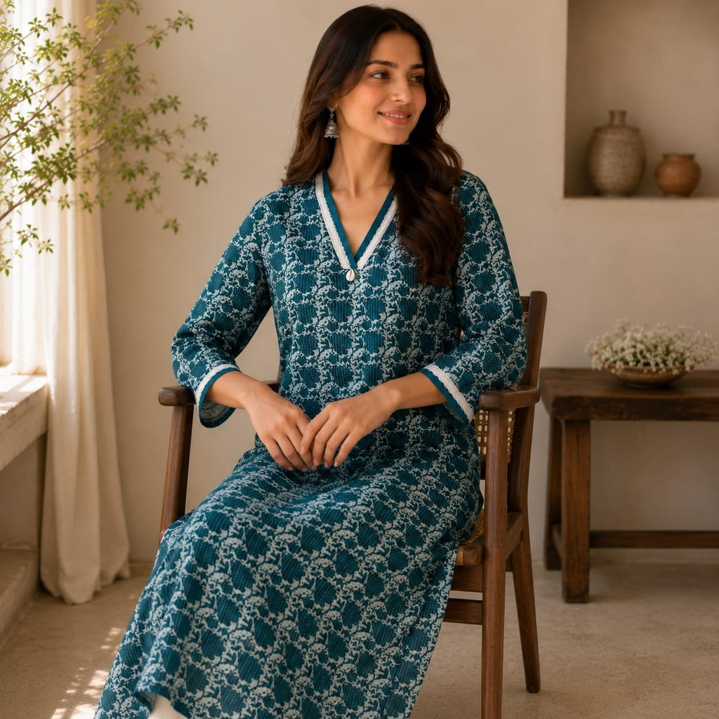 Anvita Teal Textured Patterned Kurta – V-Neck with Shell Detail – Sophisticated Daily Ethnic Wear