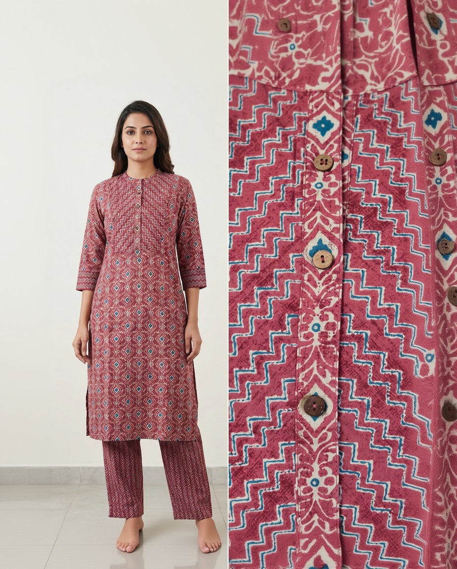 Anvita Women's Maroon Cotton Kurti Set – Ethnic Print Straight Kurta with Palazzo Pants
