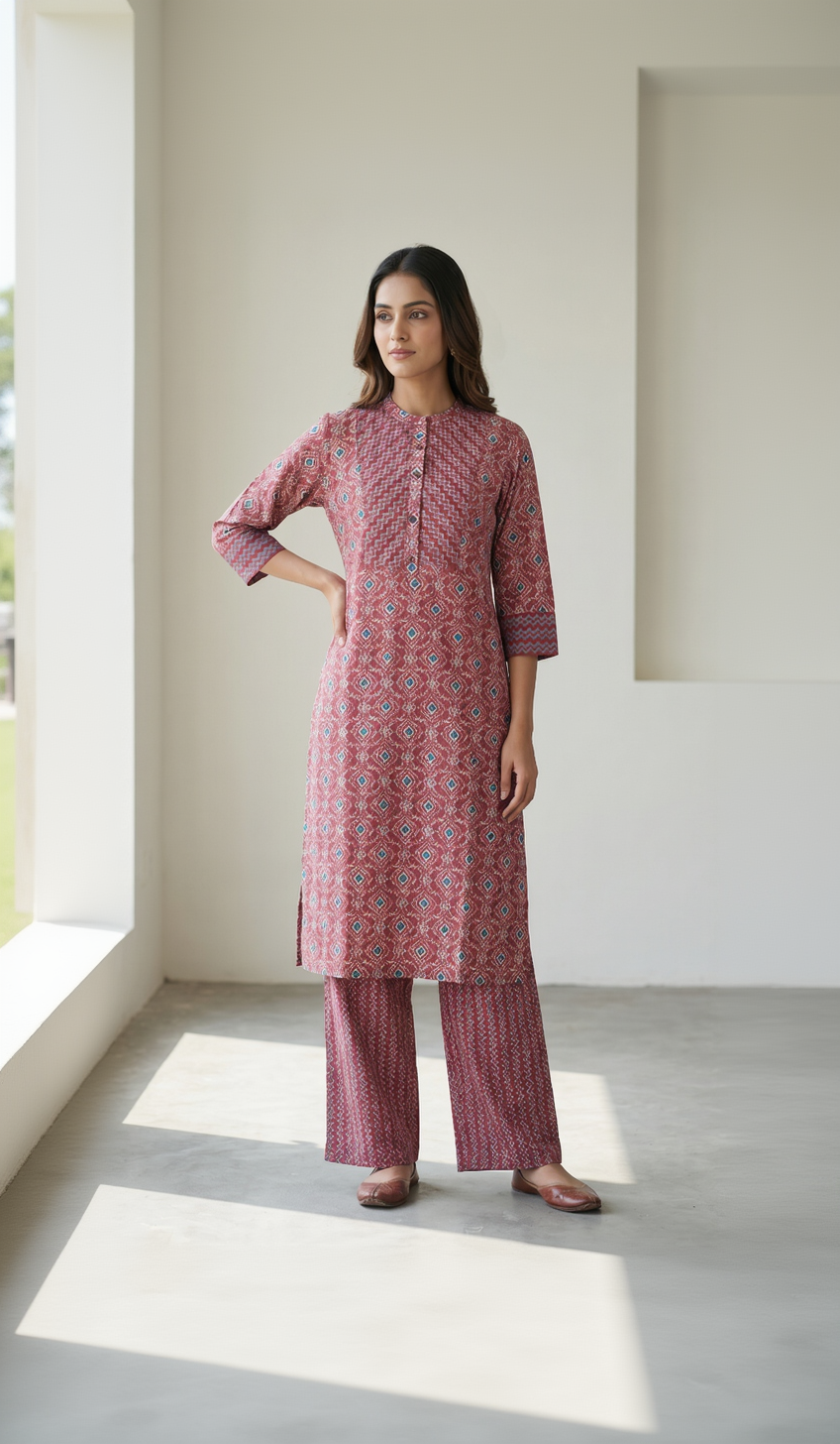 Anvita Women's Maroon Cotton Kurti Set – Ethnic Print Straight Kurta with Palazzo Pants