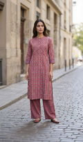 Anvita Women's Maroon Cotton Kurti Set – Ethnic Print Straight Kurta with Palazzo Pants