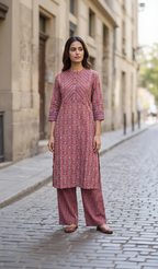 Anvita Women's Maroon Cotton Kurti Set – Ethnic Print Straight Kurta with Palazzo Pants