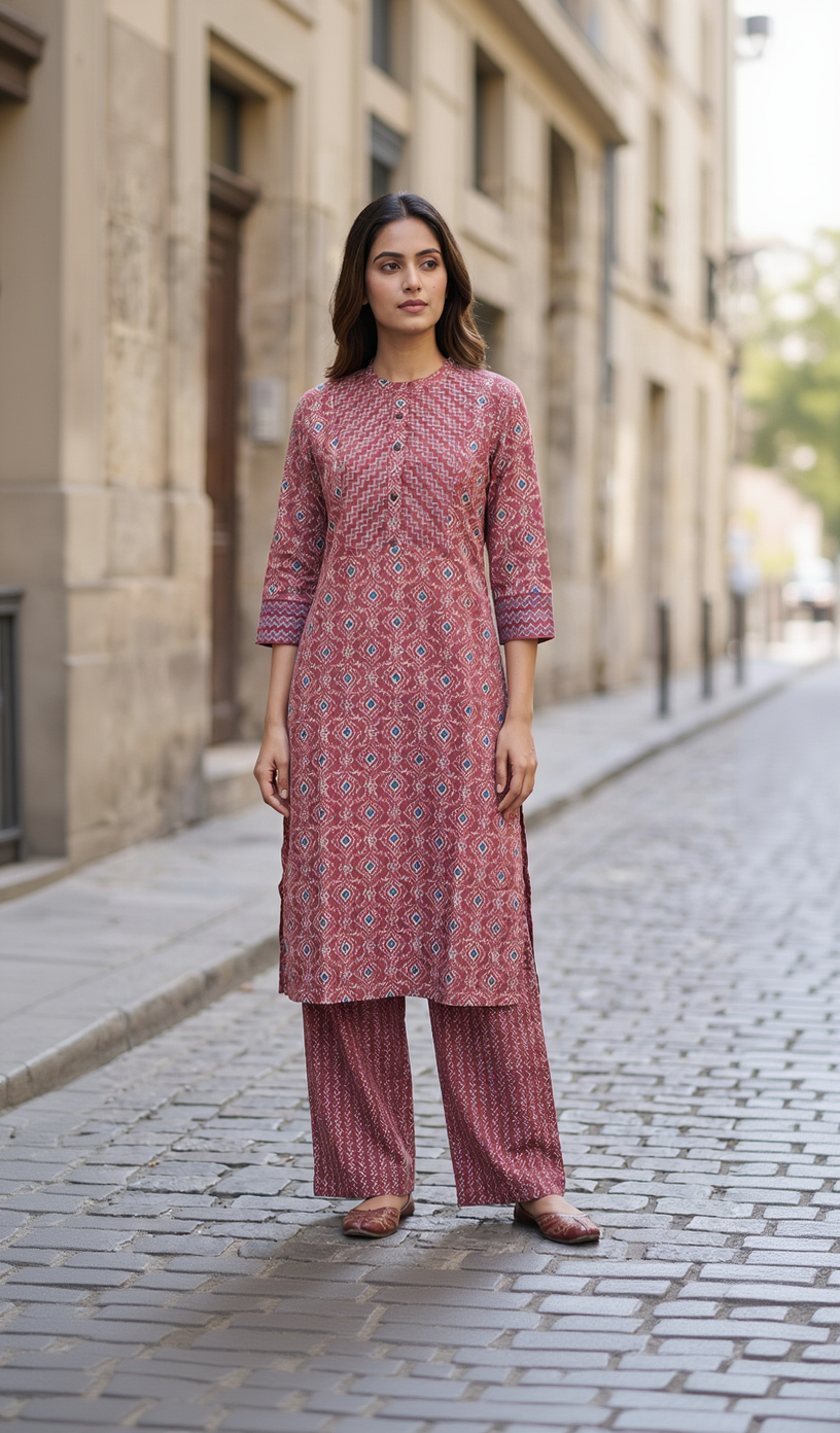 Anvita Women's Maroon Cotton Kurti Set – Ethnic Print Straight Kurta with Palazzo Pants