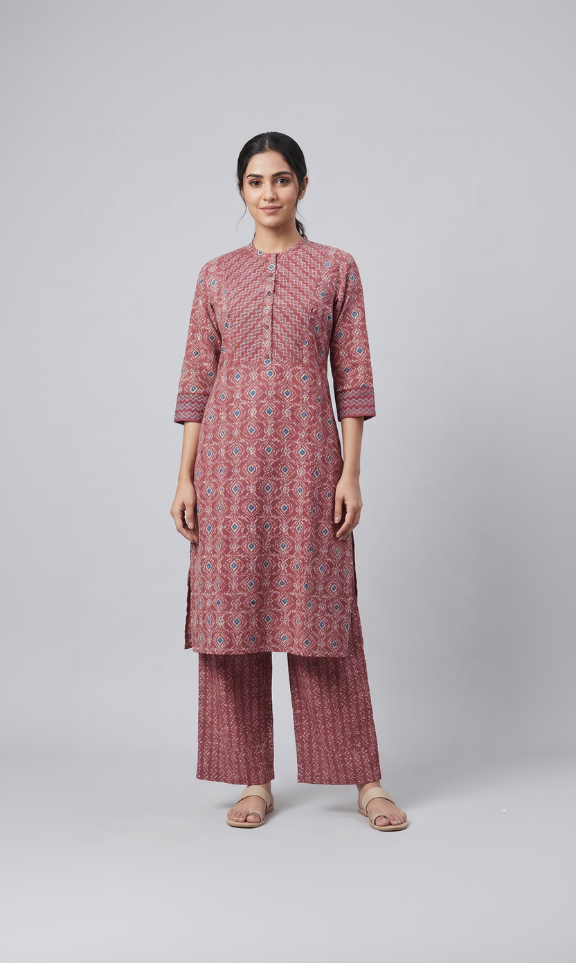 Anvita Women's Maroon Cotton Kurti Set – Ethnic Print Straight Kurta with Palazzo Pants