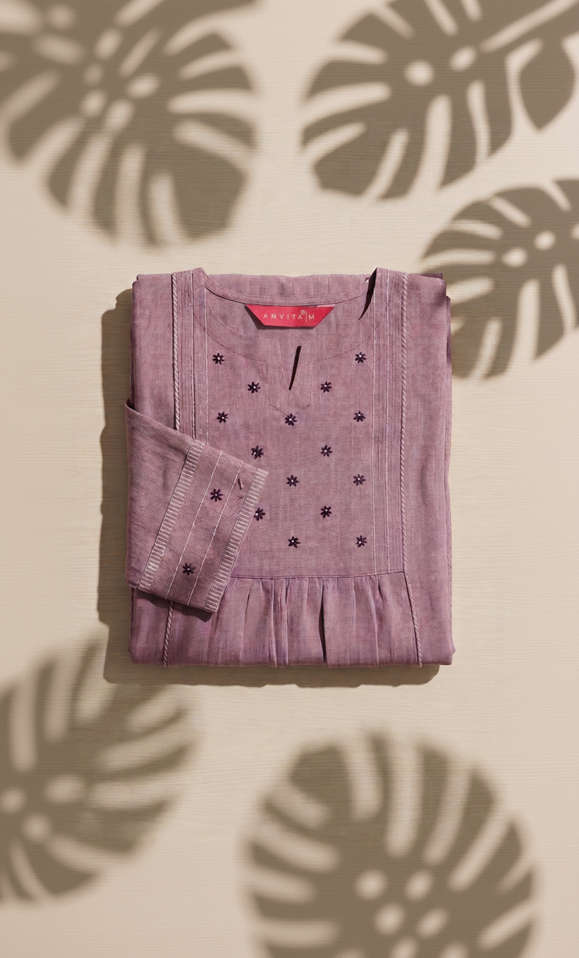 Anvita Women's Mauve Cotton Coord Set – Embroidered Gathered Kurta with Striped Bottoms