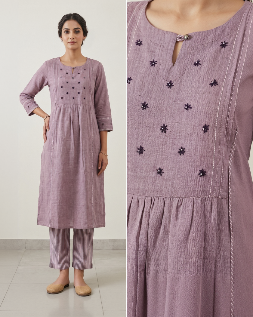 Anvita Women's Mauve Cotton Coord Set – Embroidered Gathered Kurta with Striped Bottoms