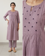 Anvita Women's Mauve Cotton Coord Set – Embroidered Gathered Kurta with Striped Bottoms