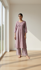 Anvita Women's Mauve Cotton Coord Set – Embroidered Gathered Kurta with Striped Bottoms