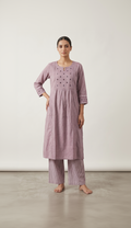Anvita Women's Mauve Cotton Coord Set – Embroidered Gathered Kurta with Striped Bottoms