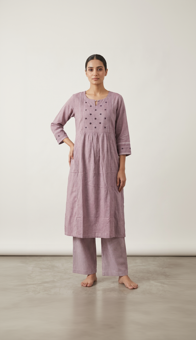 Anvita Women's Mauve Cotton Coord Set – Embroidered Gathered Kurta with Striped Bottoms