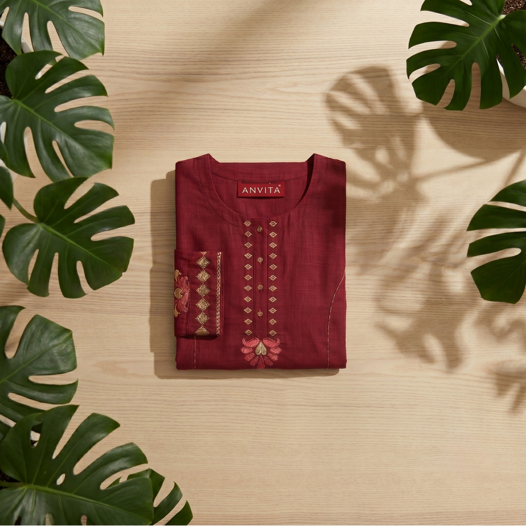 Anvita Ruby Red Pure Cotton Straight Kurta – Minimalist Embroidered Yoke & 3/4 Sleeves