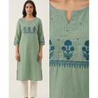 Anvita Sage Green Pure Cotton Straight Kurta – Blue Floral Embroidery & Vertical Stripes