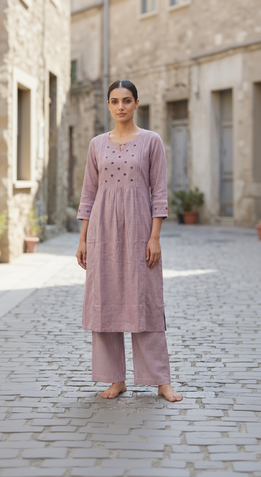 Anvita Women's Mauve Cotton Coord Set – Embroidered Gathered Kurta with Striped Bottoms