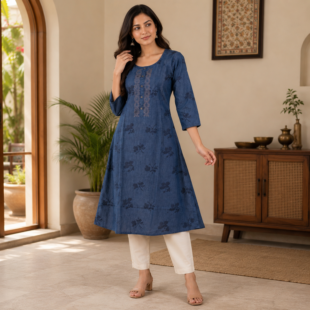 Revanta Blue A-Line Denim Kurta with All-Over Floral Print and Embroidered Button Placket